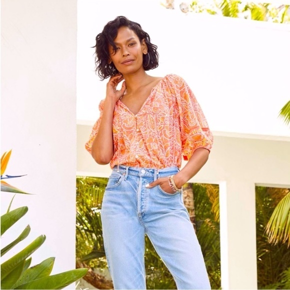 Cleobella Layla Organic Cotton Blouse in Blossom Block Print Orange Size Medium - Picture 3 of 14